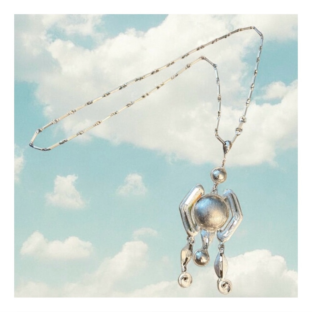 Vintage Y2K Bohemian Boho Silver Statement Pendant Necklace, Hangs 16.5” Long